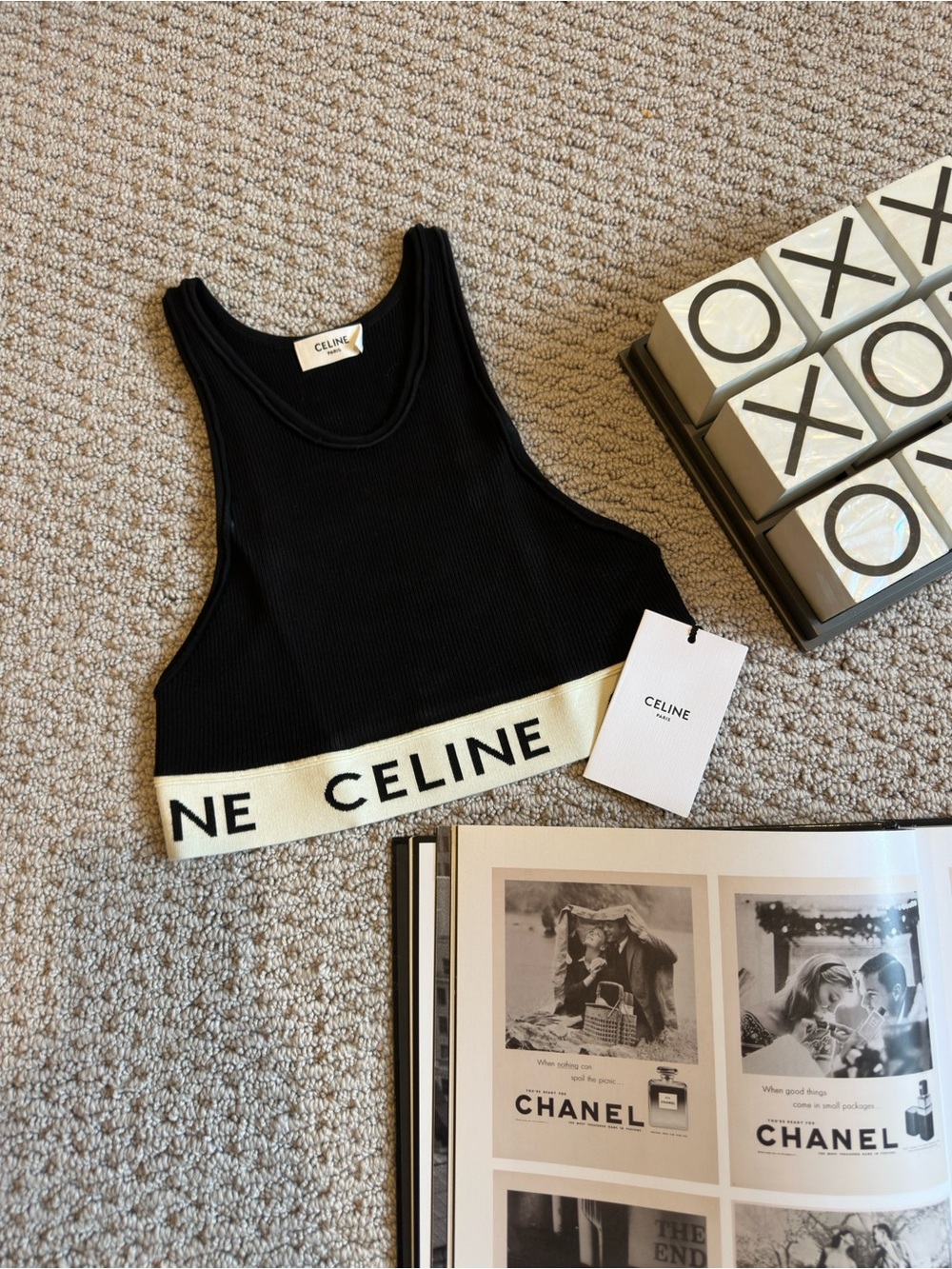 Celine Black Ribbed Logo Hem Crop Tank with Cream Band
